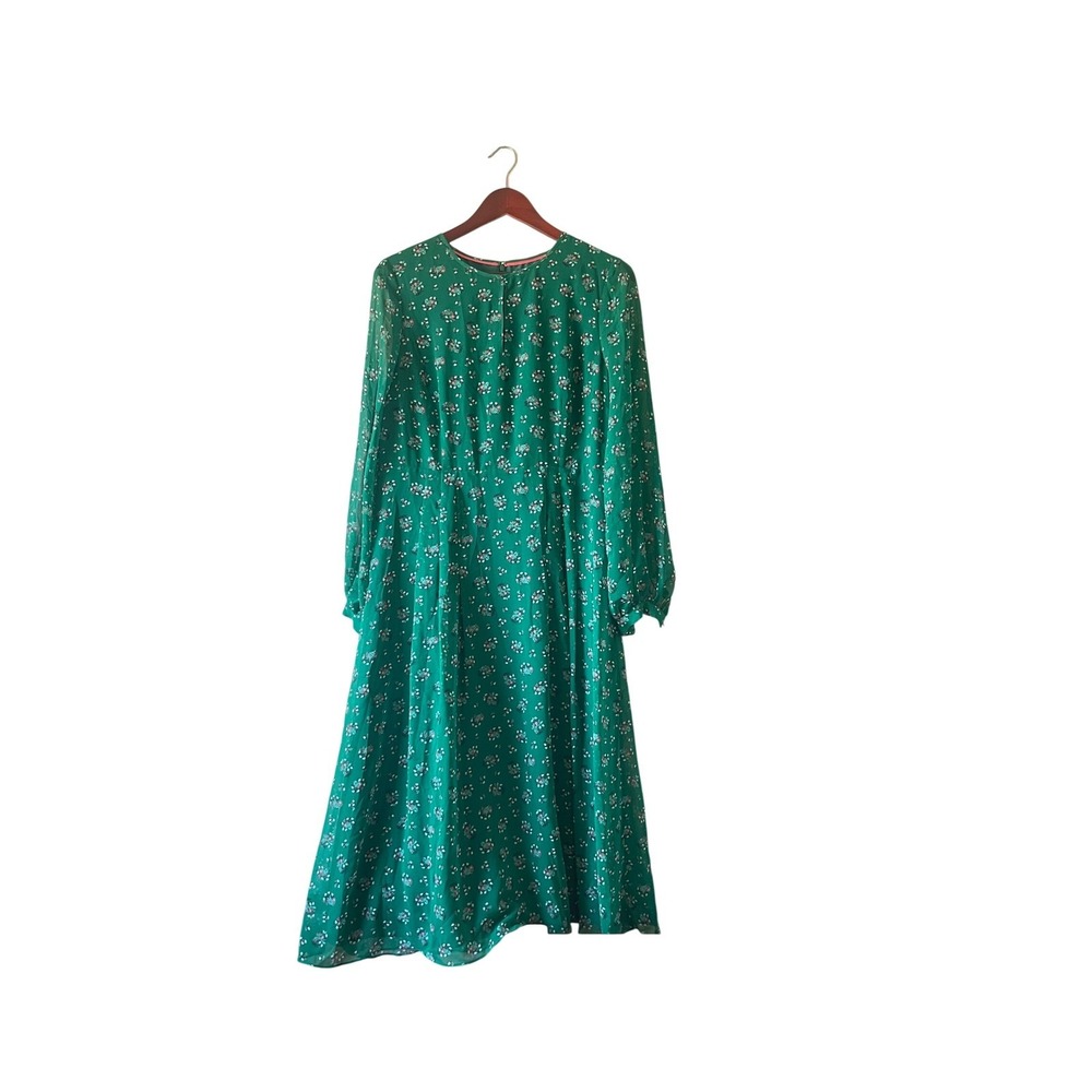 Boden Green Floral Chiffon Pleated Midi Dress Long Sleeve Keyhole US 10R